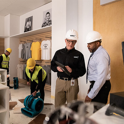 A SRM water and flood restoration tech discussing water damage with a retail store manager