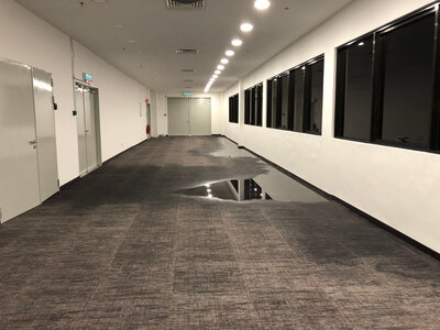 Commercial office building water damage after a heavy rain storm